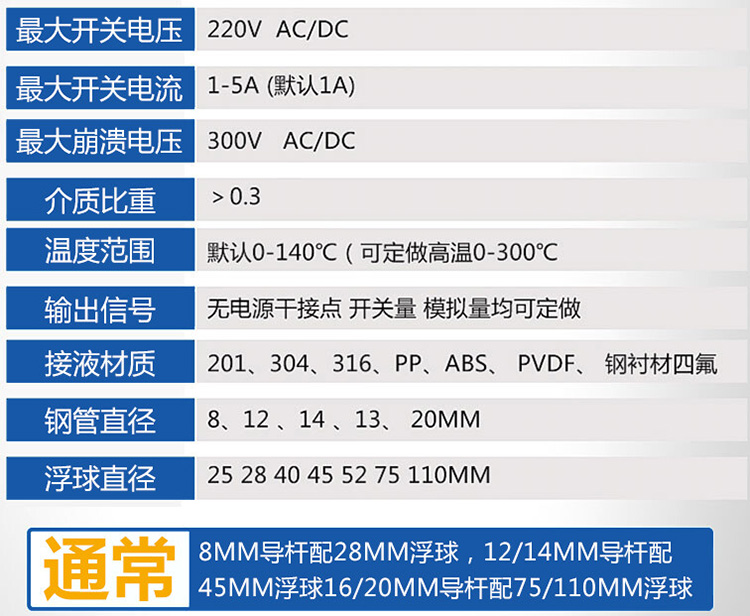 不銹鋼浮球液位計技術參數對照表